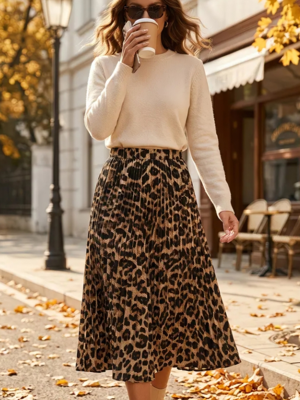 Leopard Pleated Midi Skirt in Brown